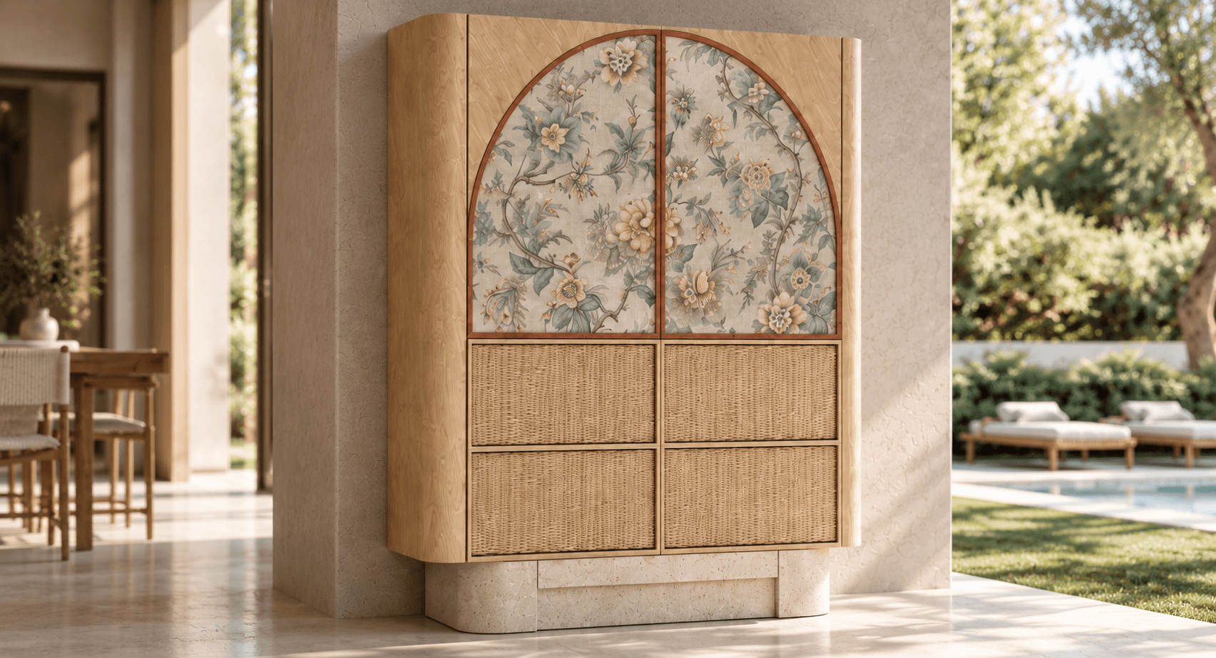 Sunna in natural wood, raffia and floral fabric