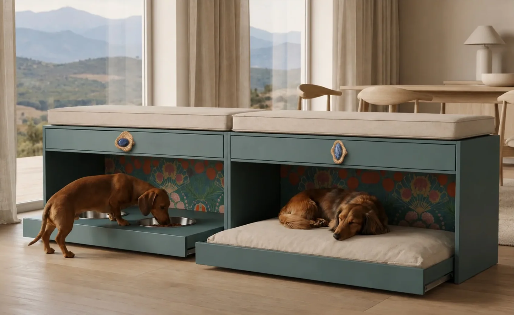 Animal Care catalogue setting: a double Clifford with two dachshunds, one at the built-in bowls and the other in its bed