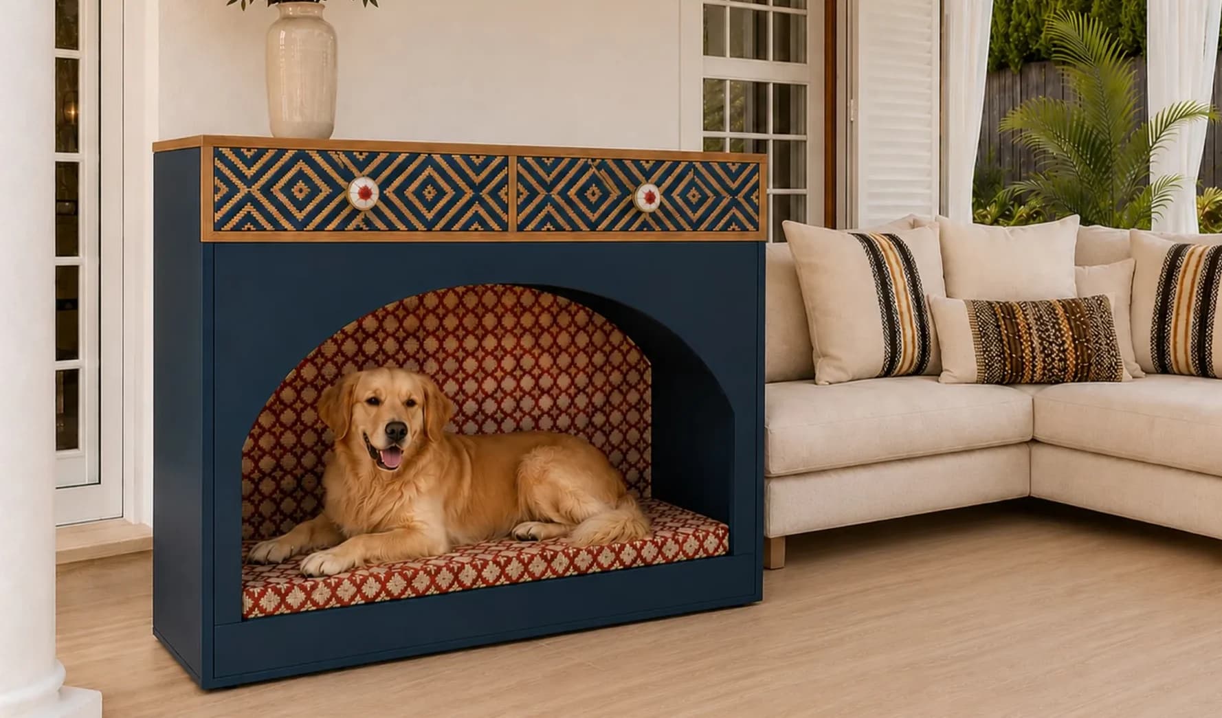Navy Oddie in a version with geometric-pattern drawer fronts, with a golden retriever in the alcove