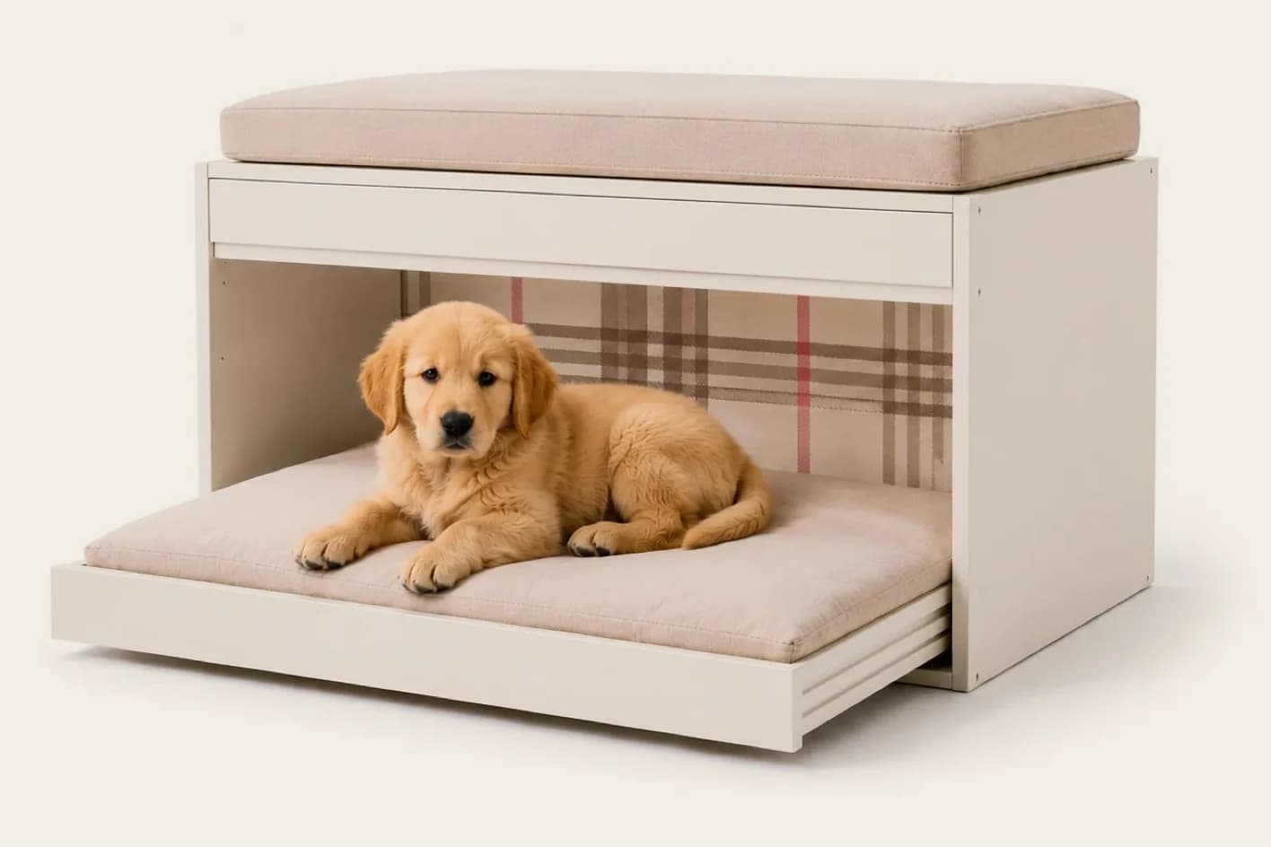 Un cachorro de golden sobre la cama extraíble del Clifford marfil, con el interior forrado de tartán