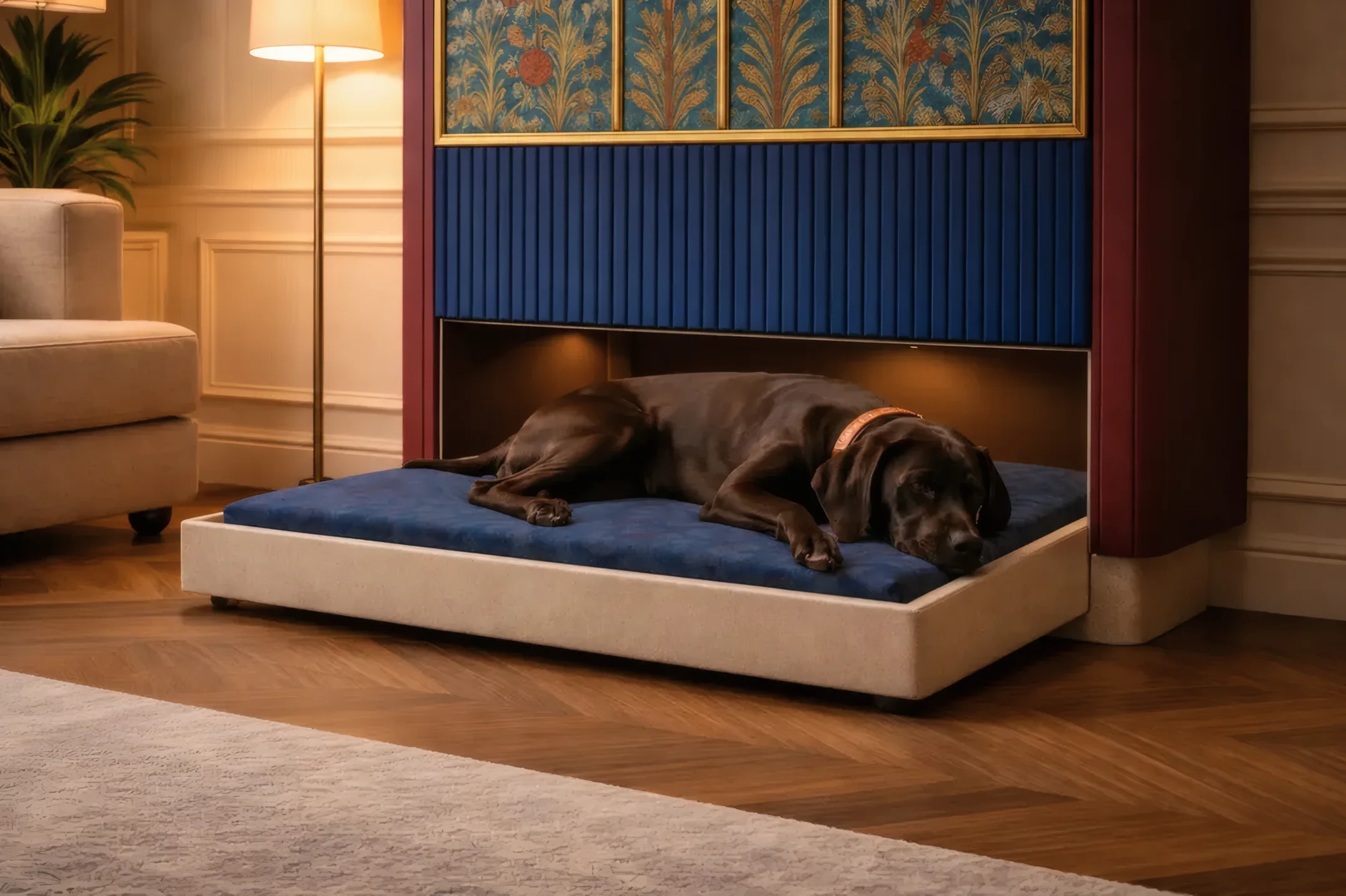 El perro sentado sobre la cama desplegada del Sunna