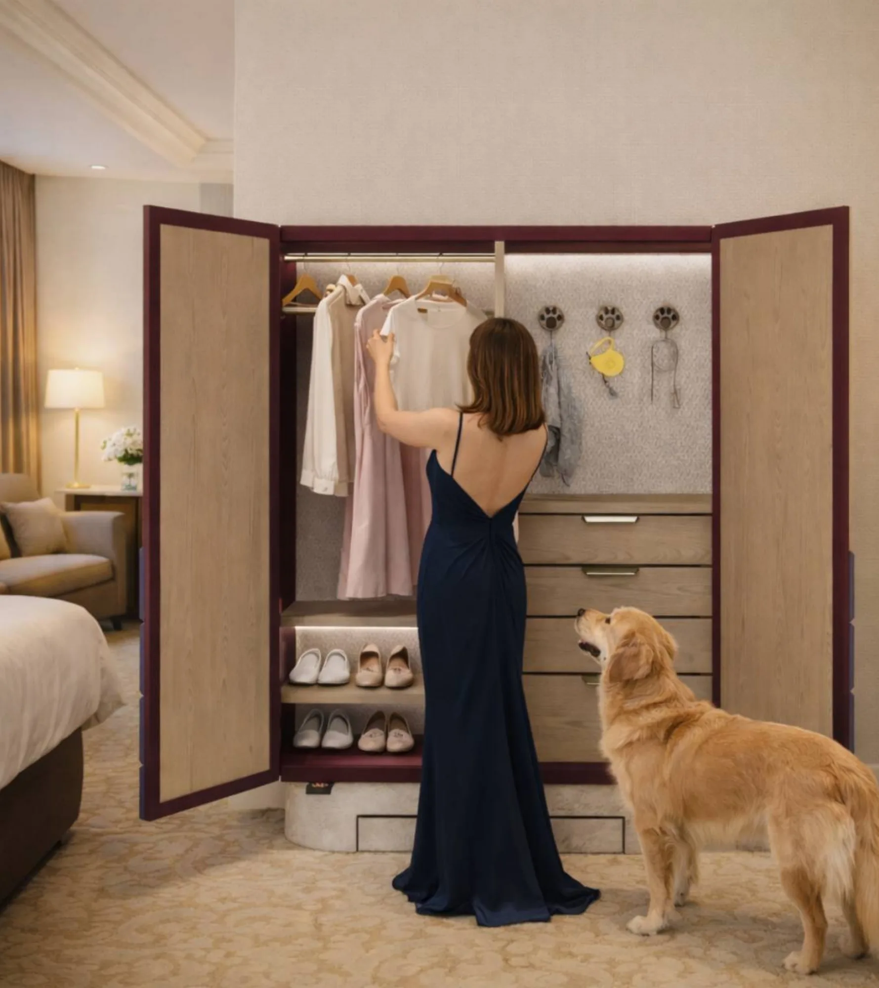 Interior del vestidor Sunna con la zona de correas y accesorios de la mascota