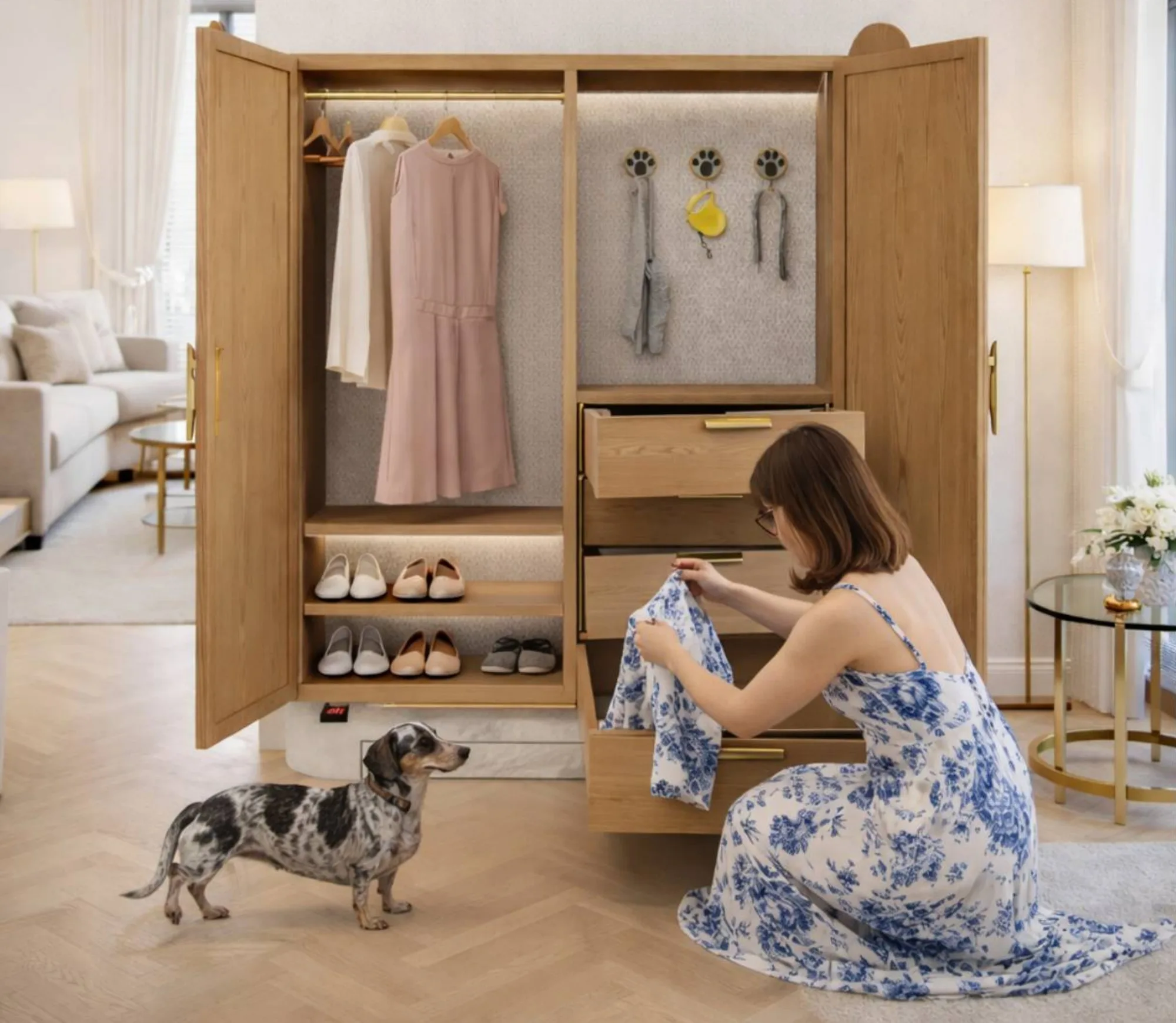 Interior del armario Freya con la zona de correas de la mascota