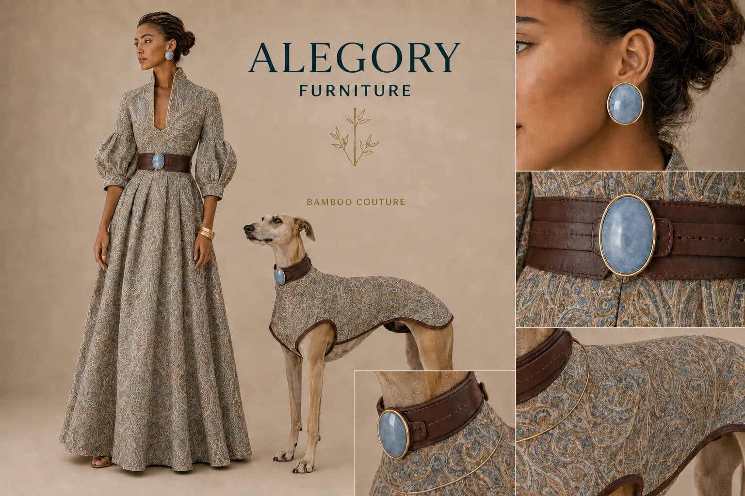 Modelo Benzaiten con el galgo vestido a juego y los pendientes de piedra celeste