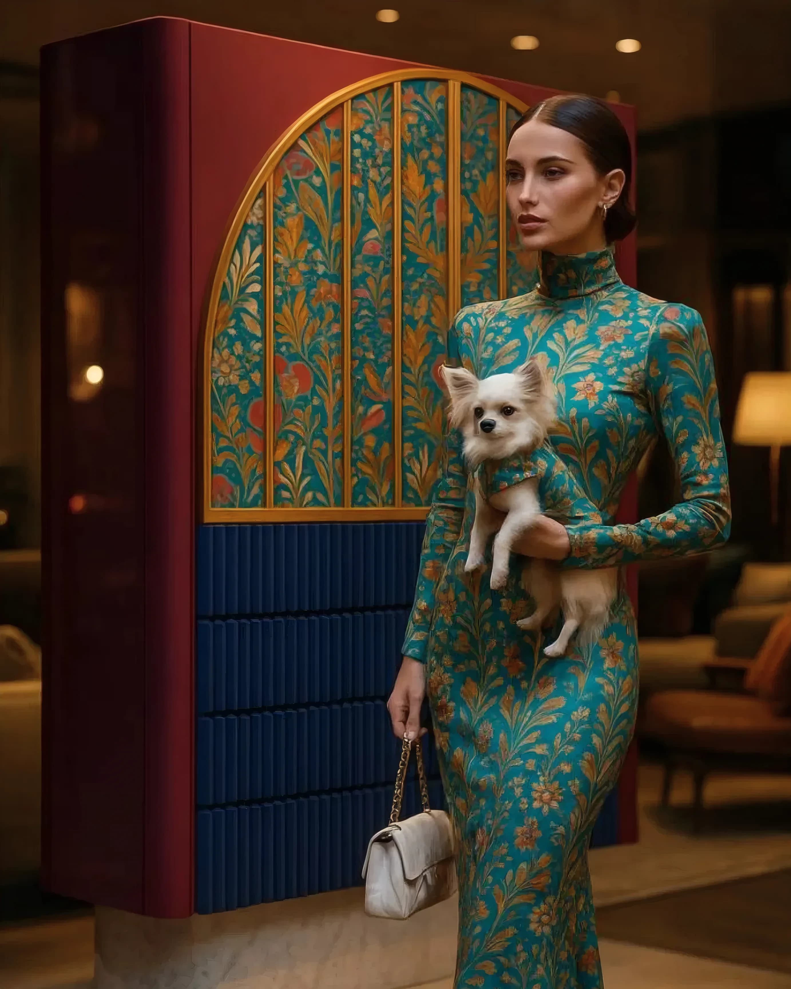 Editorial de la colección Domus Deorum: modelo con vestido del mismo estampado que el tejido del arco del armario Sunna, con su perro en brazos