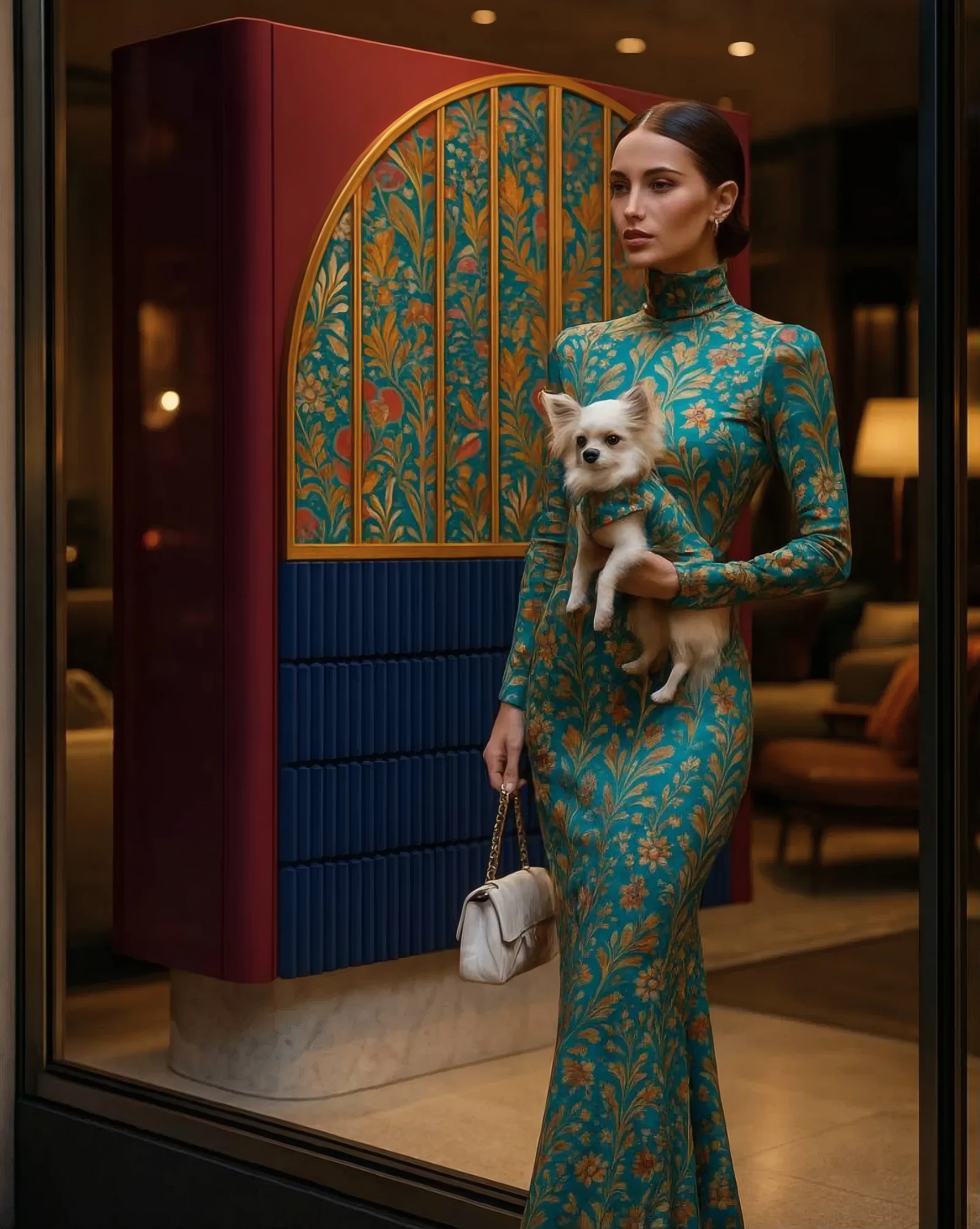 Modelo y perro coordinados con el armario Sunna de Alegory