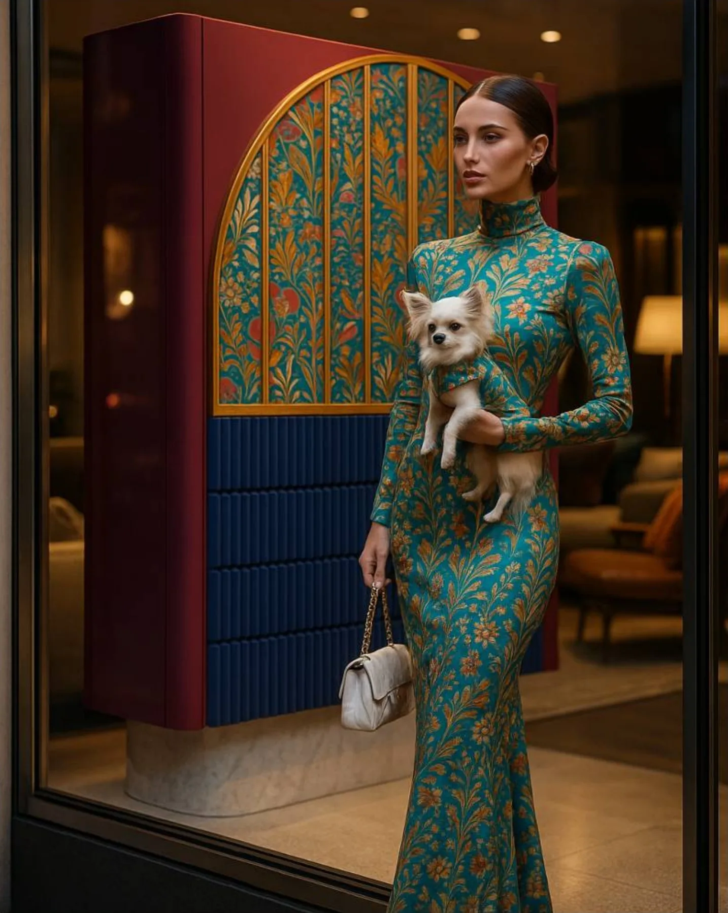 Modelo y perro coordinados con el armario Sunna de Alegory