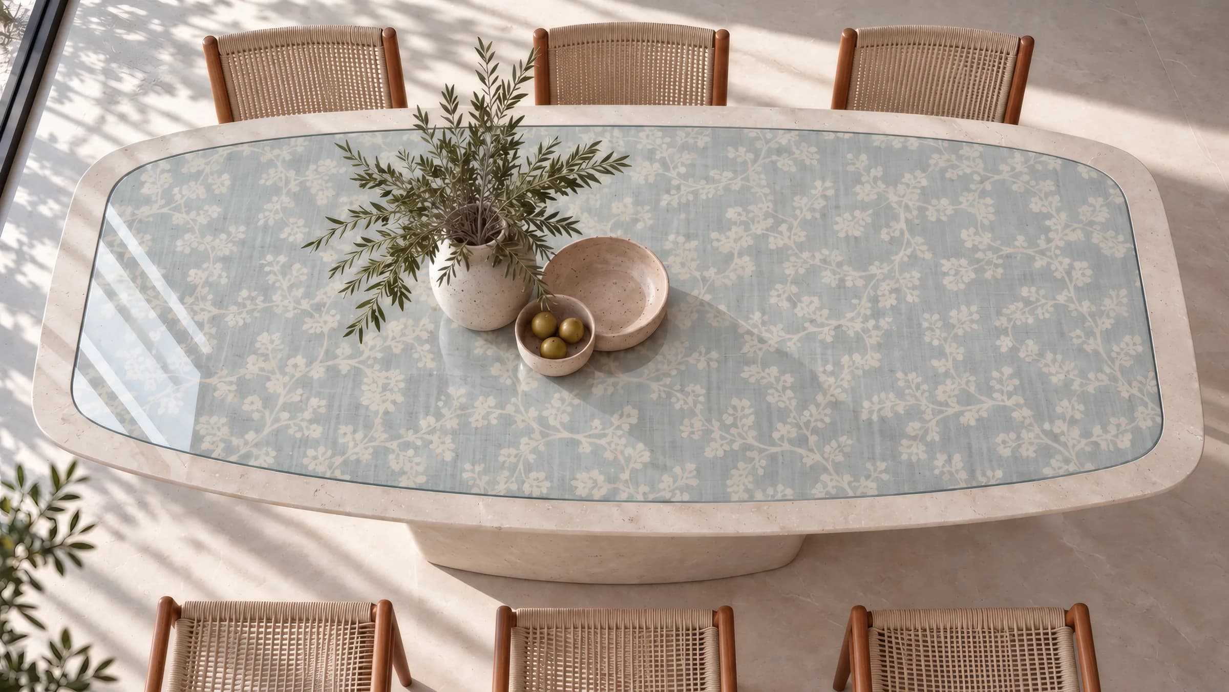 Eos table from above: a top in blue floral fabric under glass, with a light border