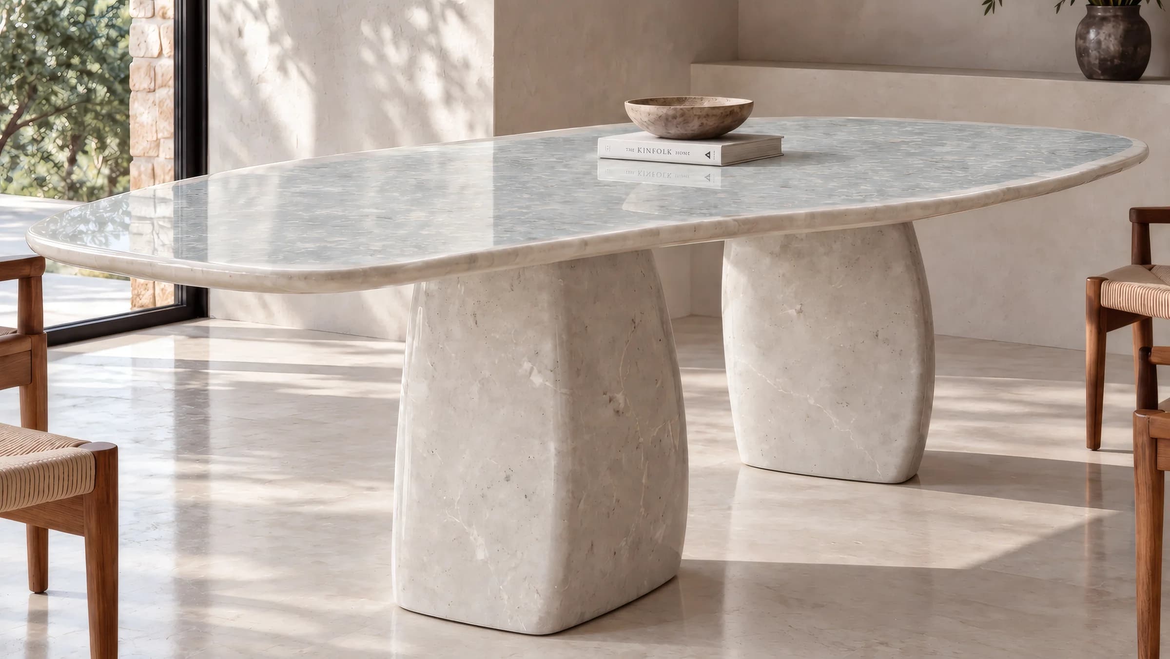 Eos table in a dining room: a light top on two solid bases