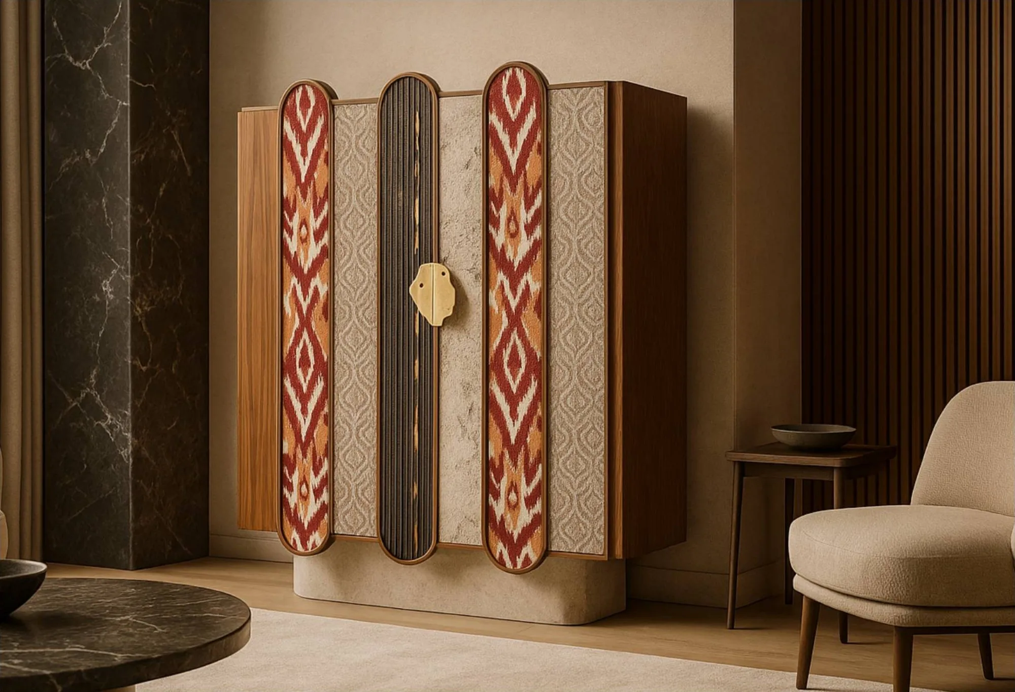 Freya sobre fondo neutro, con las puertas de ikat, piedra y madera