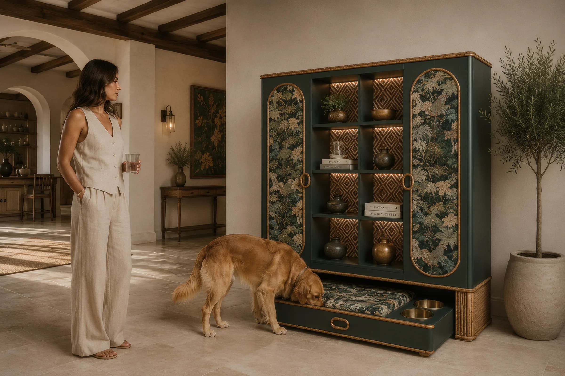 A golden retriever at its bed, open beneath a Domus Deorum piece with botanical fabric