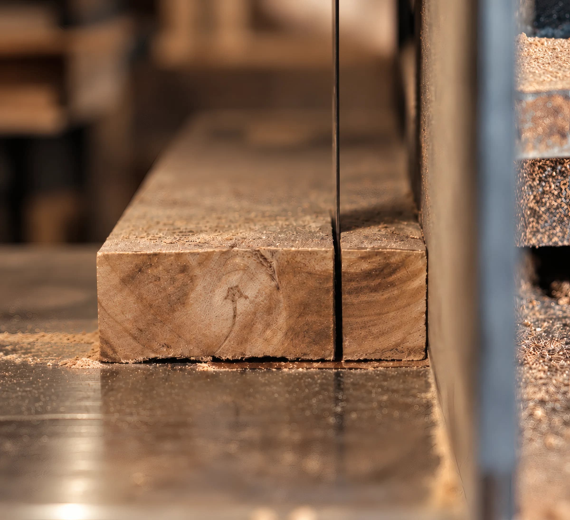 Detalle de dos piezas de madera maciza en el taller