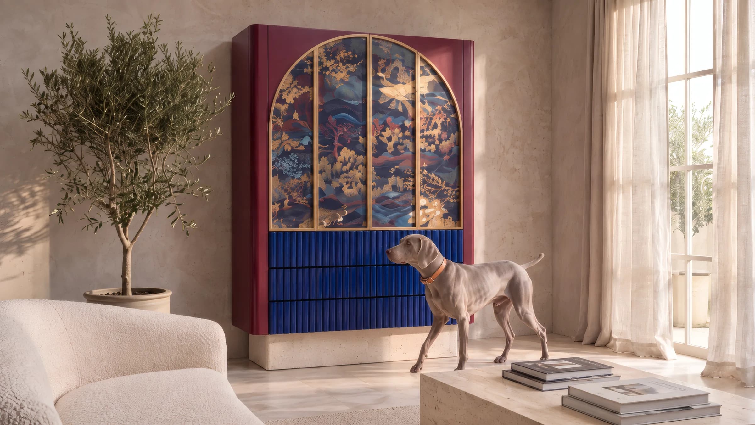 A dog approaches a Sunna piece with the bed retracted