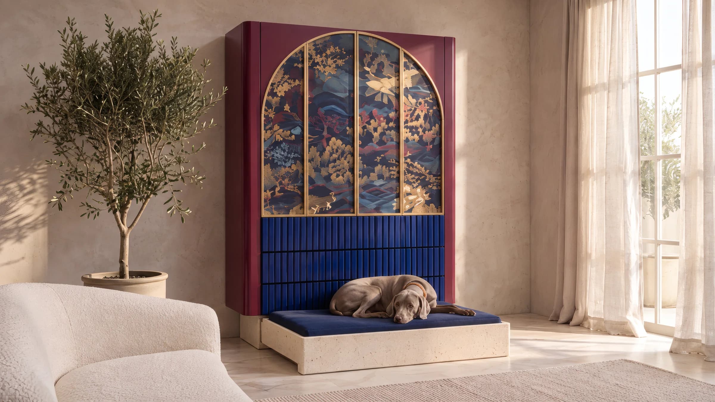 The dog lying on the bed unfolded beneath the piece
