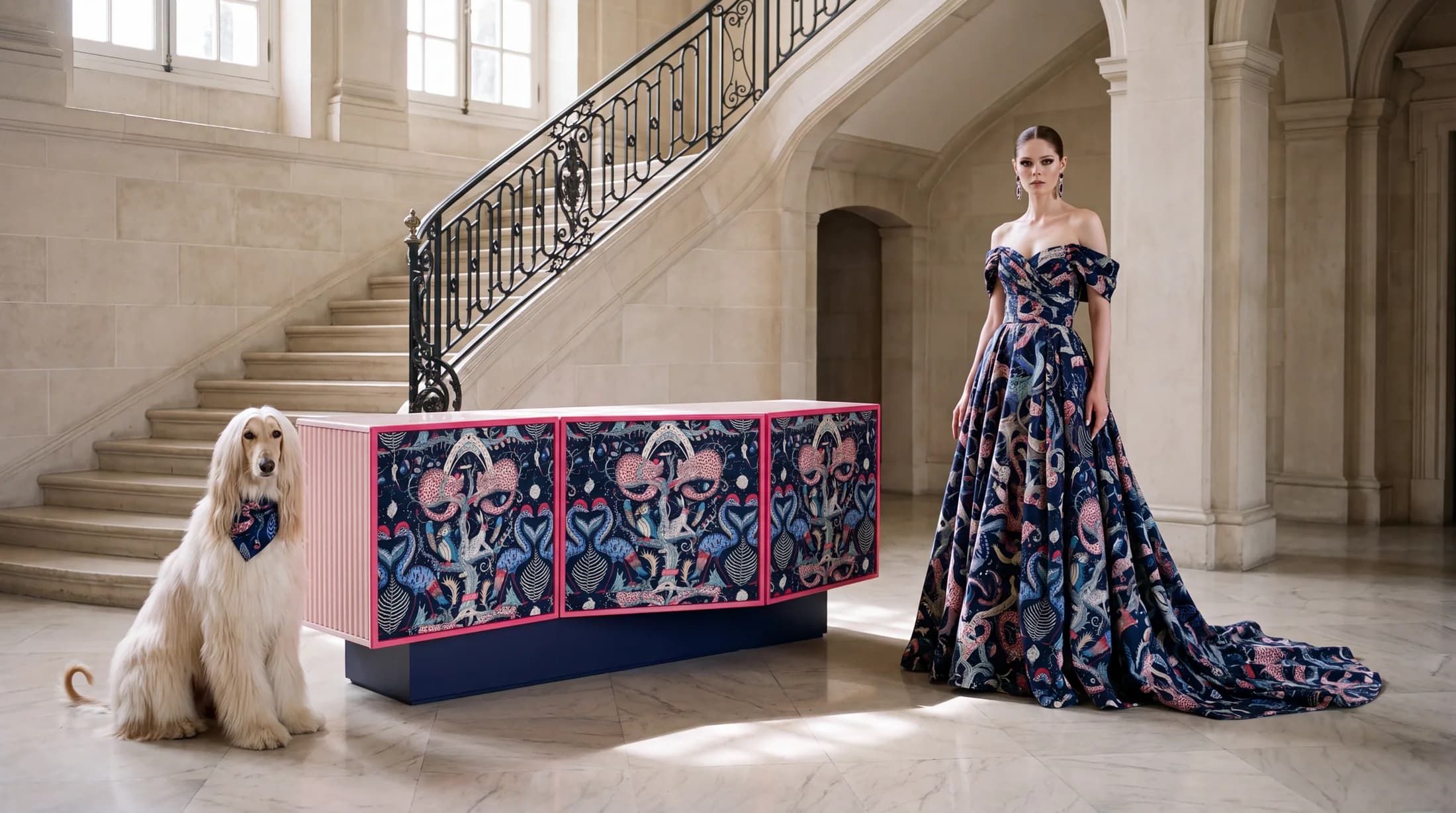 Selene aparador rosa con puertas de tejido ilustrado, junto a una modelo con un vestido del mismo tejido y un galgo afgano, en una escalinata