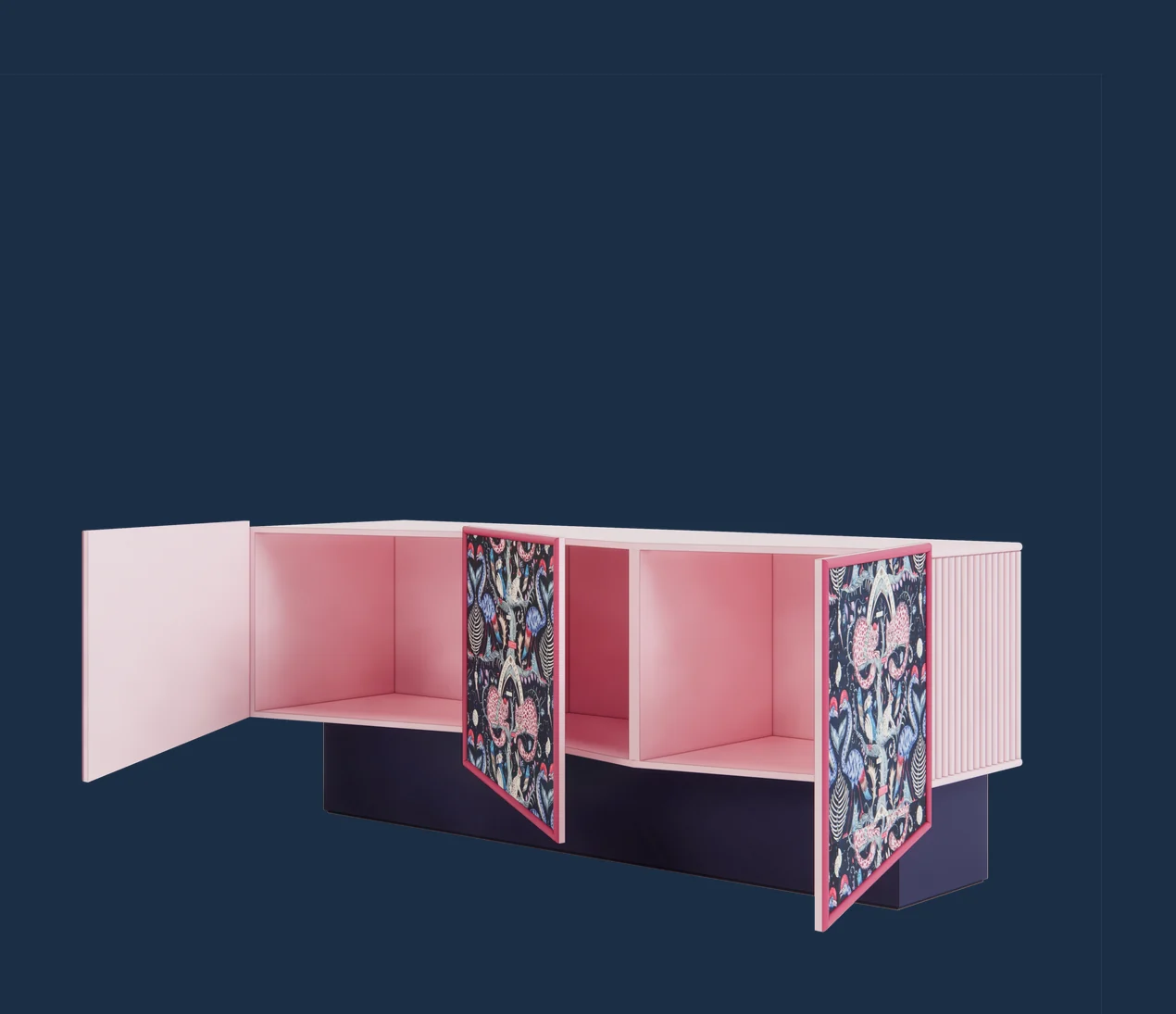 Selene aparador con las puertas abiertas: el interior rosa, con dos huecos