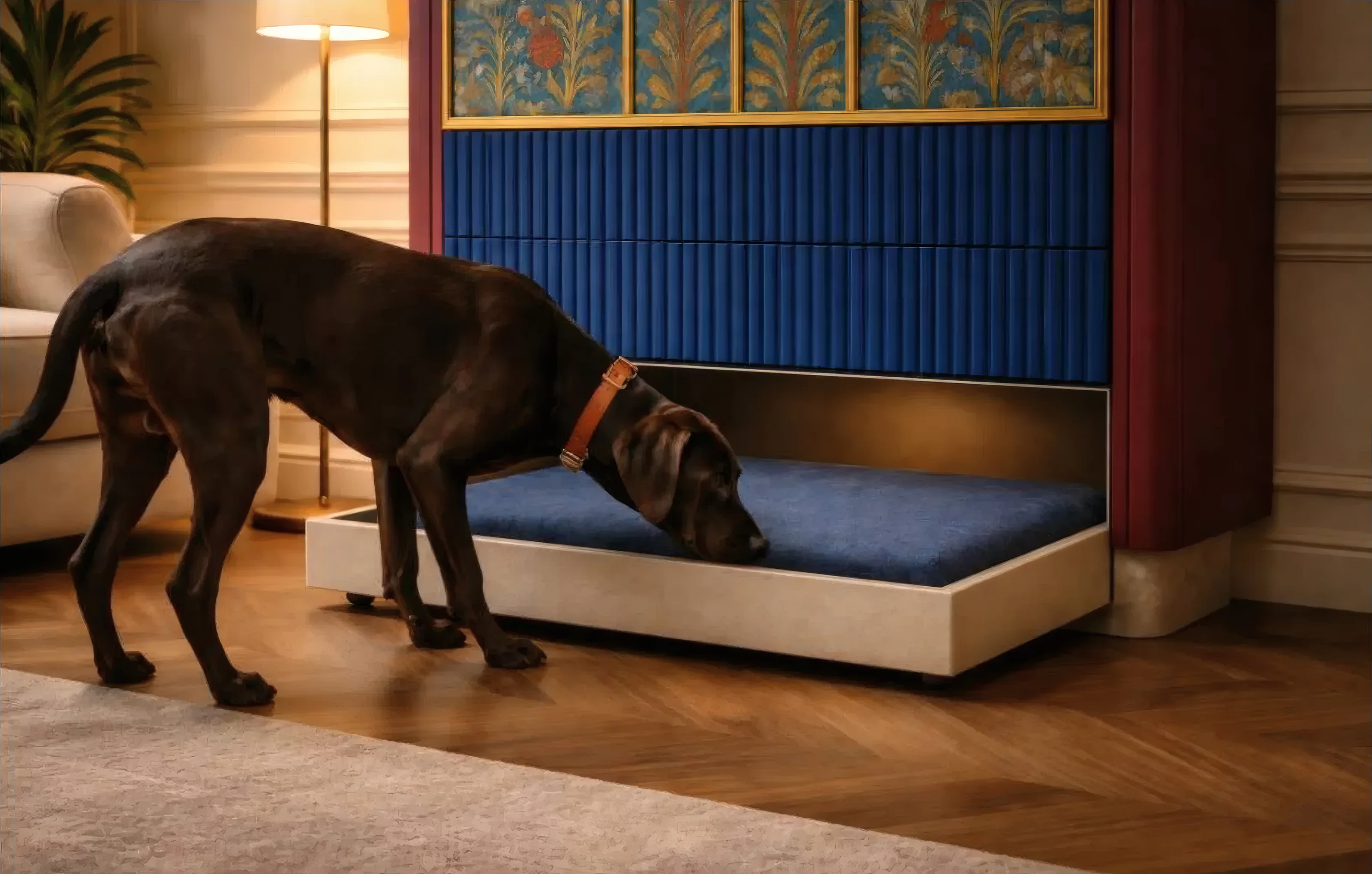 La cama se despliega del mueble y el perro sube