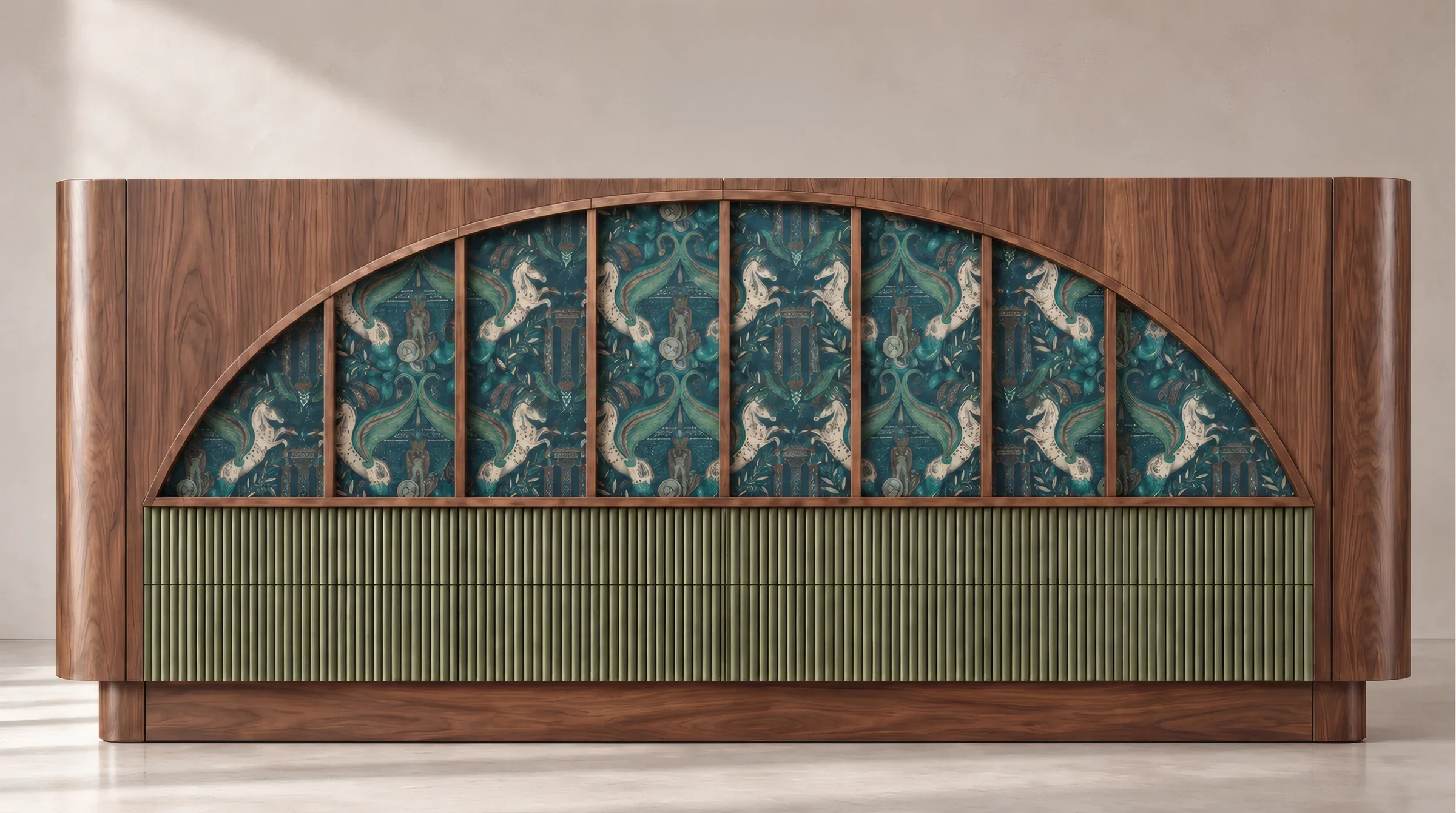 Sunna sideboard: an arch in horse-patterned fabric and a fluted green front