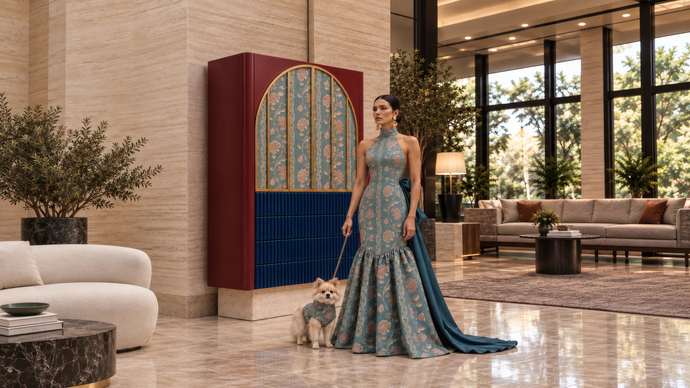 Editorial de la colección Domus Deorum: una modelo con su pomerania junto al Sunna buffet granate y azul; el vestido y el traje del perro llevan el tejido del arco