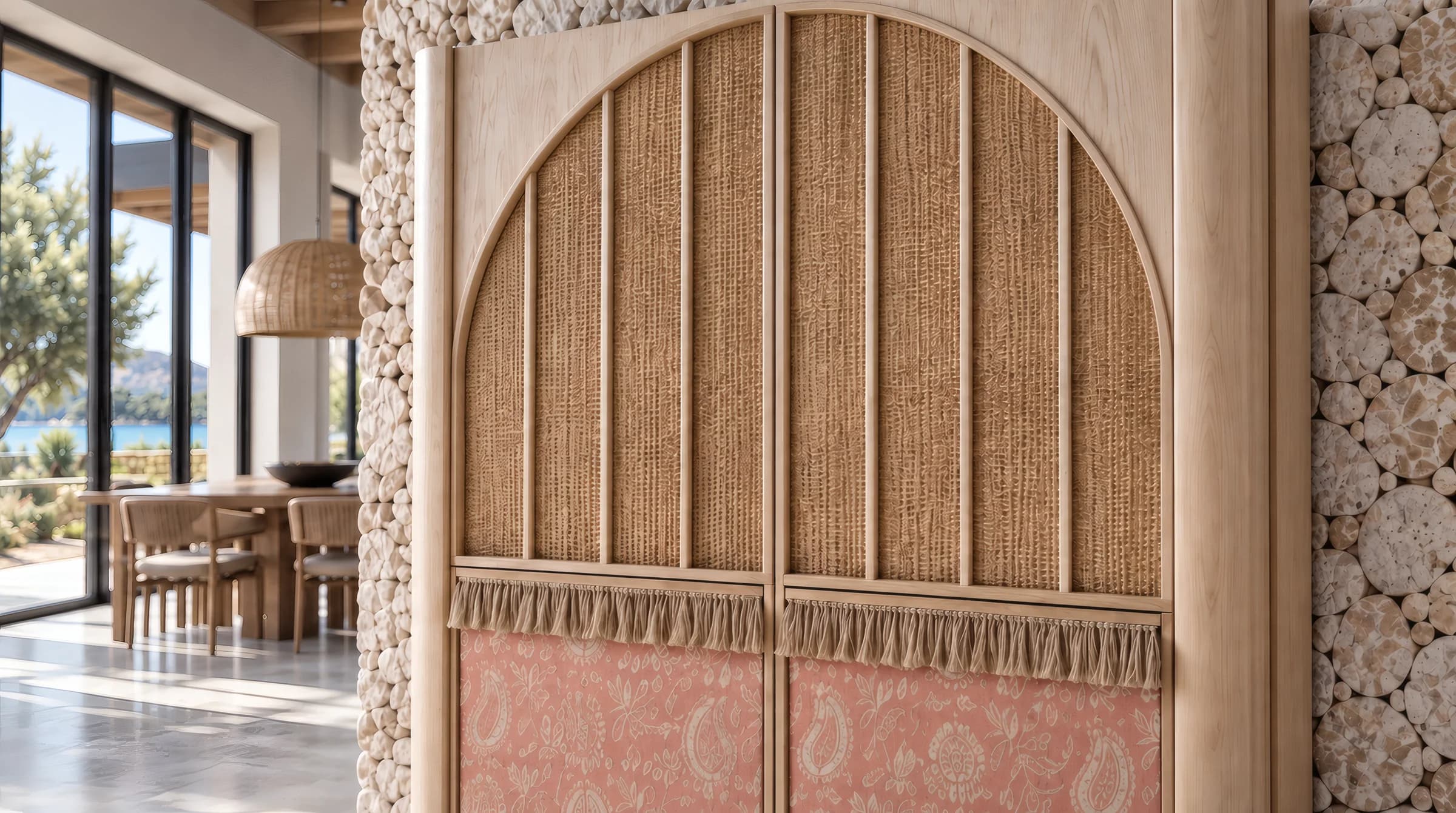 Detail of the fringed Sunna buffet: the arch and the pink fabric of the lower doors