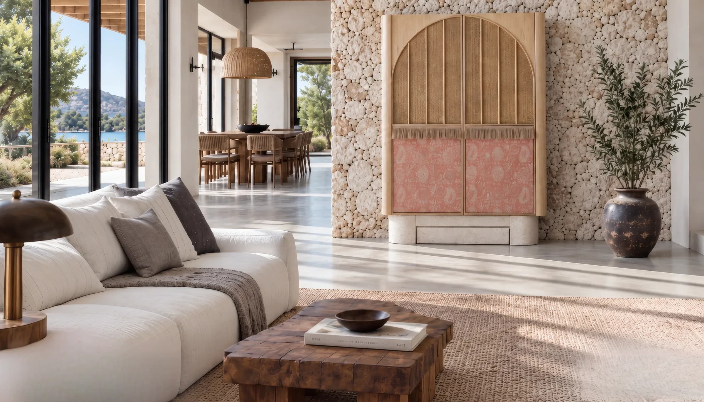 Sunna buffet in natural tones, with fringing and lower doors in pink fabric, in a living room