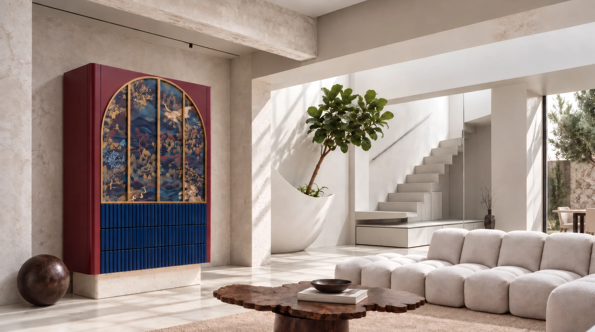 Burgundy and blue Sunna buffet, with its arch in illustrated fabric, in a living room