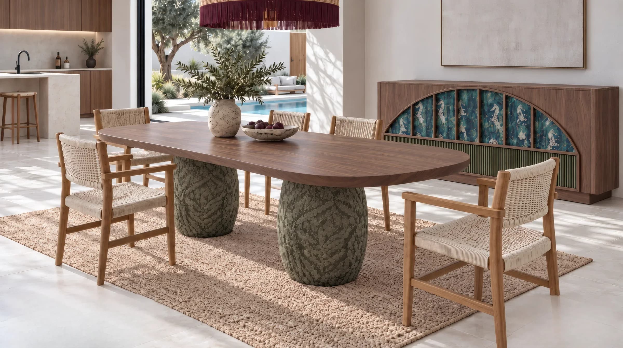 The Sunna collection in a dining room: the table with its chairs and, behind it, the sideboard