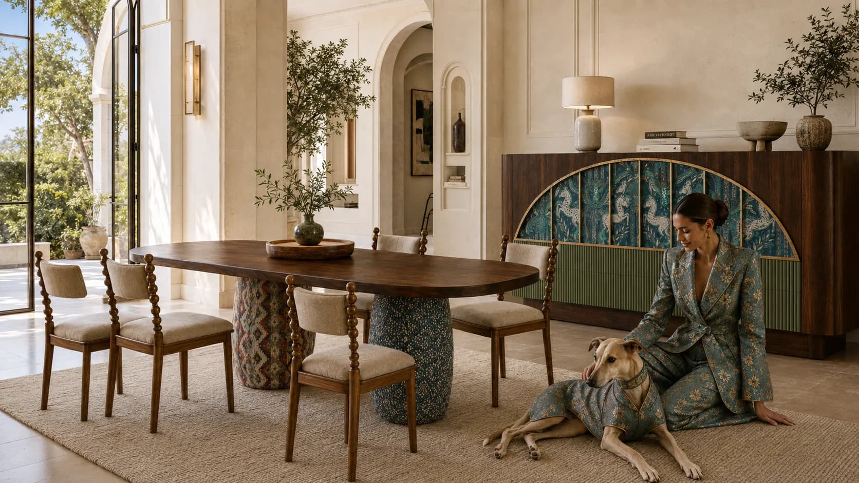 La colección Sunna en un comedor: el aparador verde con el arco de estampado, la mesa y una modelo con su perro