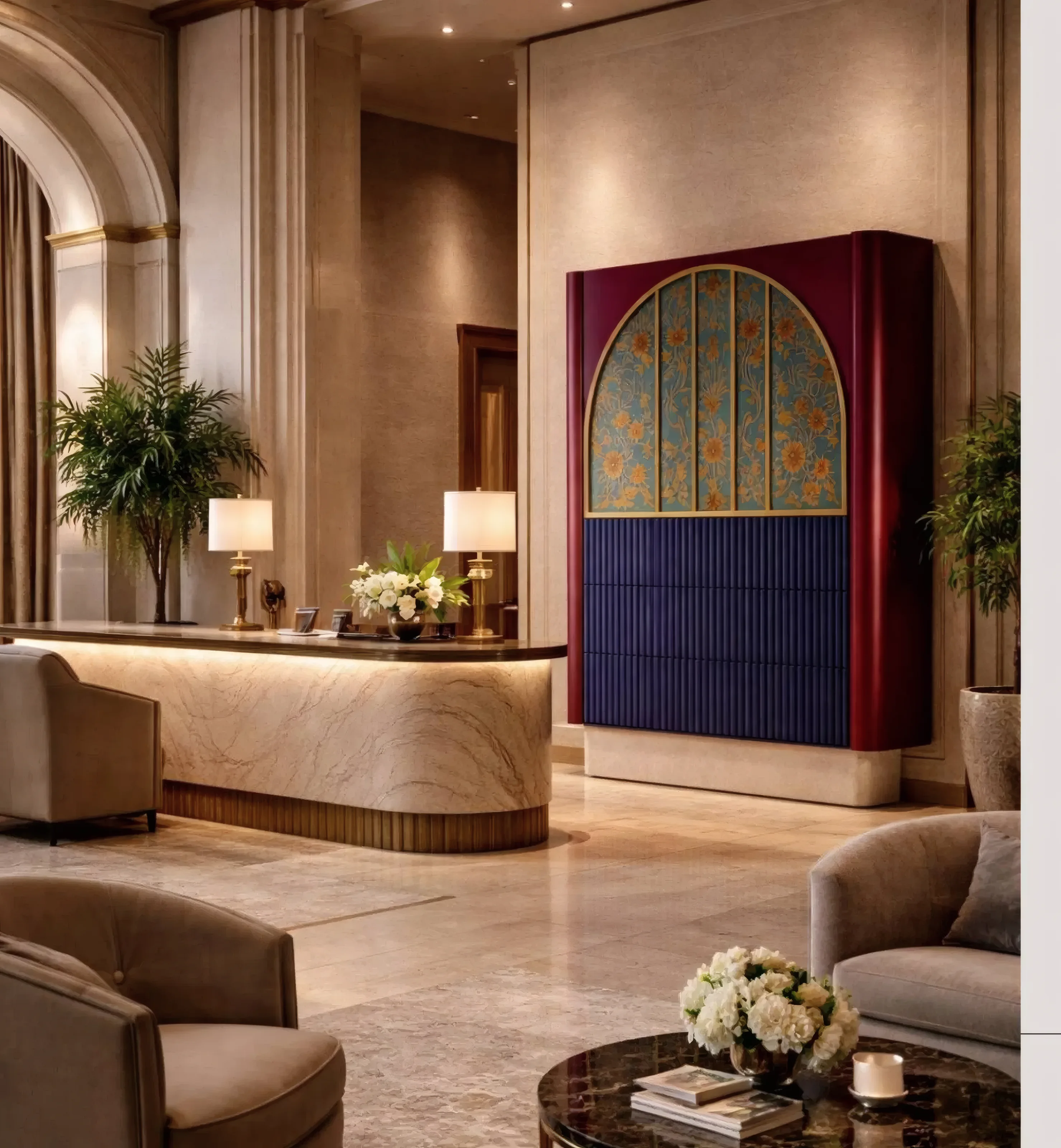 El armario Sunna en el hall de un hotel, con su arco de estampado floral y el frente estriado