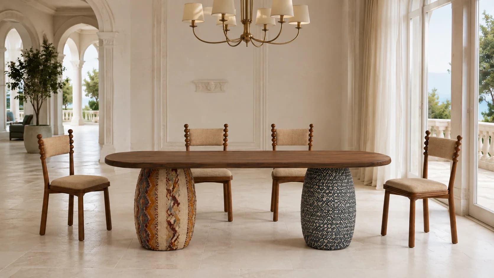 La mesa de comedor de la colección Sunna, con sus dos pies forrados