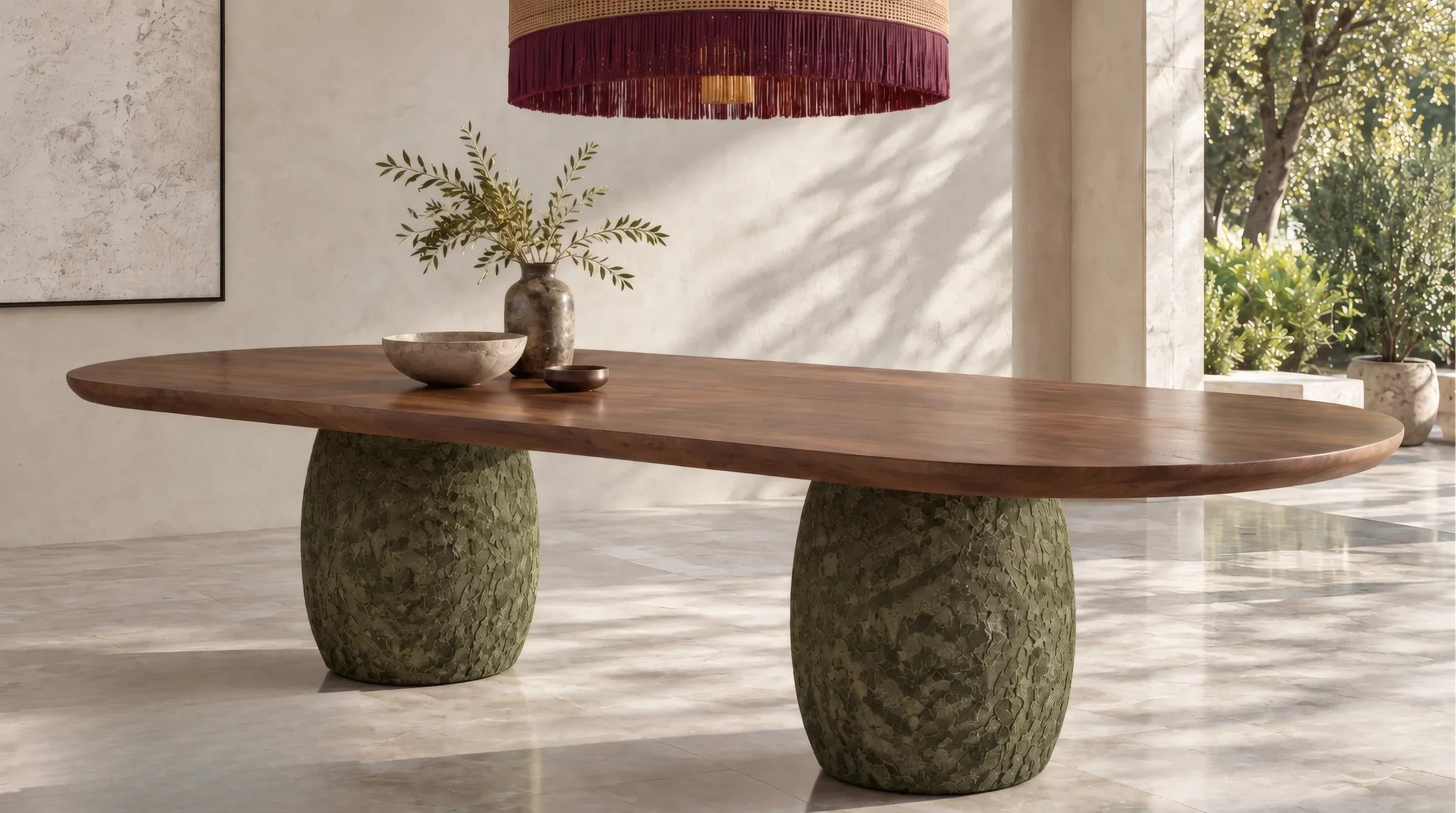 Sunna table: a wooden top on two green bases
