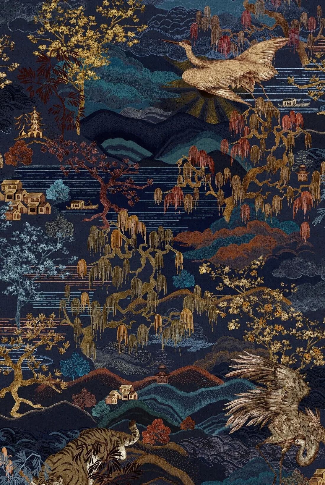 El tejido del arco del Sunna: un paisaje con grullas en azules y oro