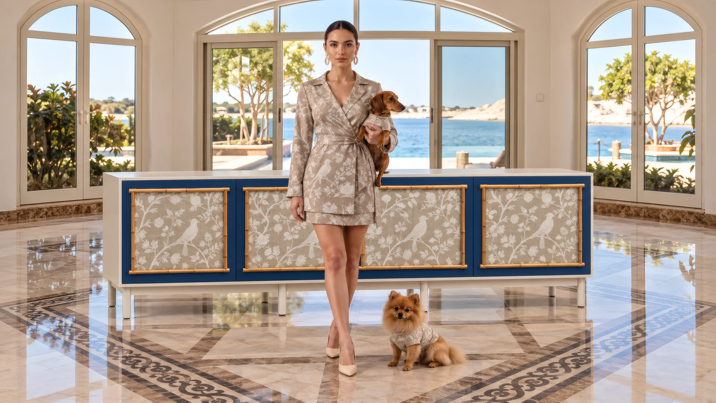 Una modelo con un traje del mismo tejido de pájaros que las puertas del Suzaku, con un perro en brazos y un pomerania a sus pies