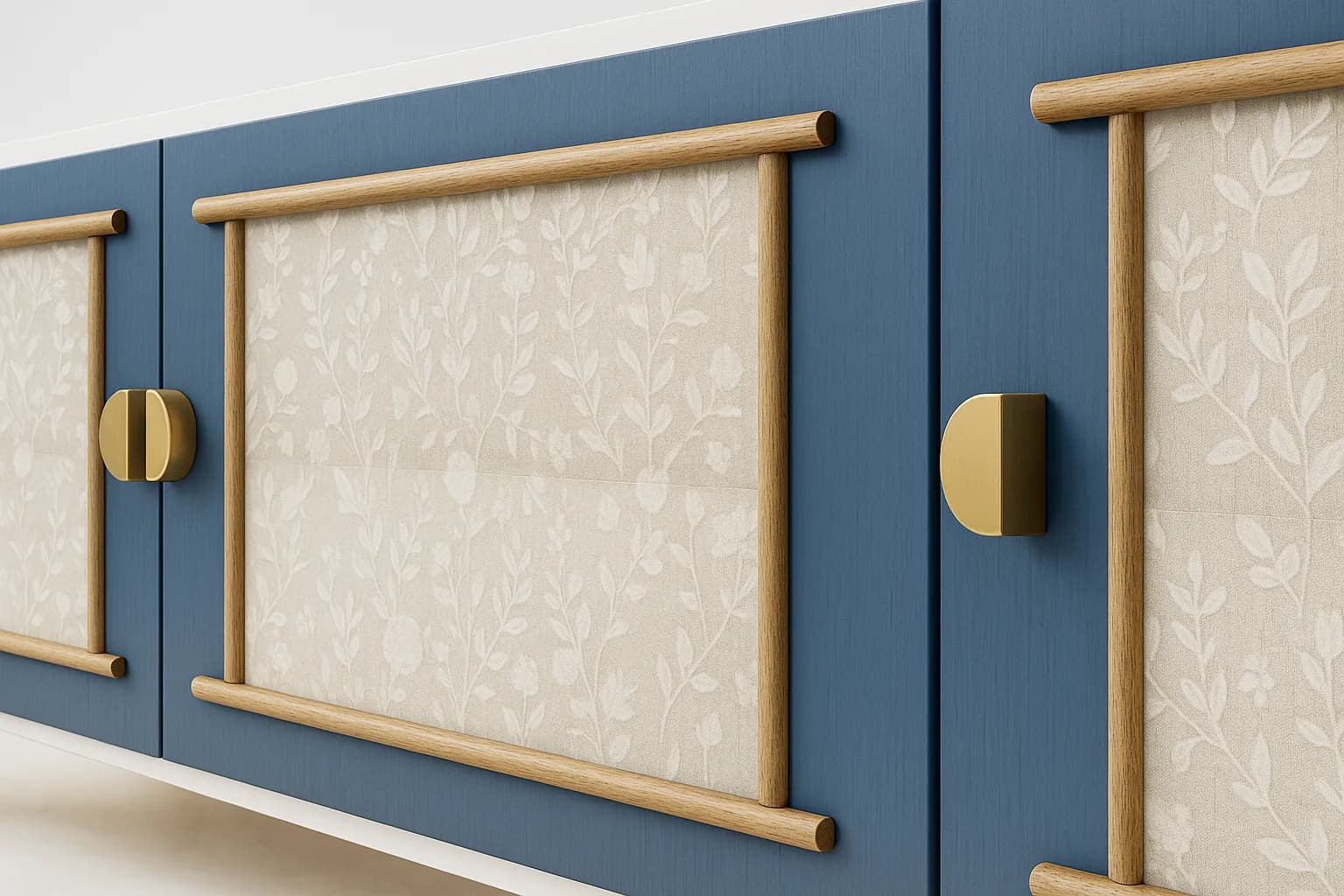 Detalle de las puertas de Suzaku: tela blanca enmarcada en madera sobre azul