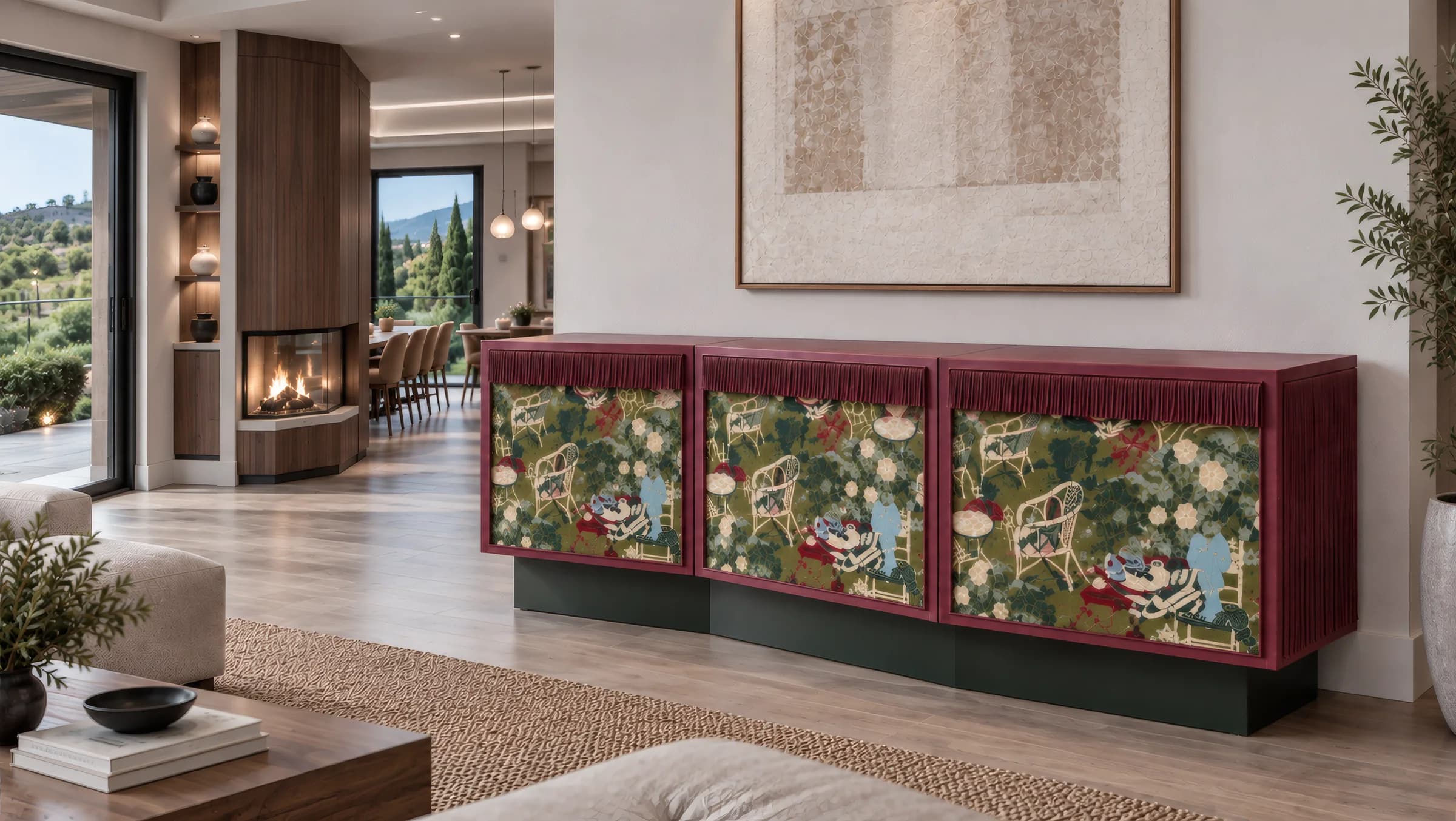 Suzaku aparador granate con flecos y puertas de tejido ilustrado sobre fondo verde, en un salón