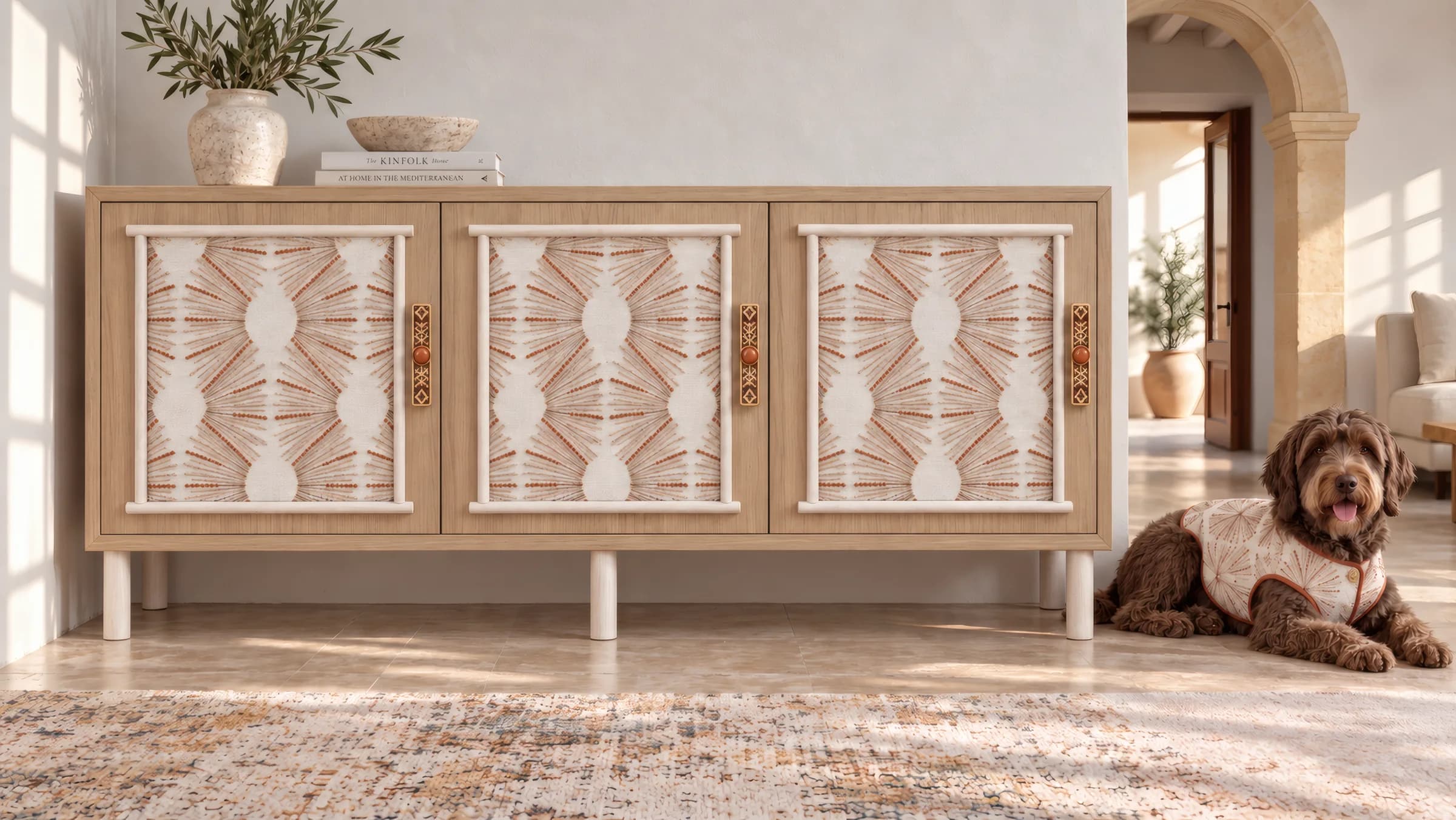 Suzaku aparador en madera clara: tres puertas de tejido estampado en rojo y blanco, con un perro tumbado al lado