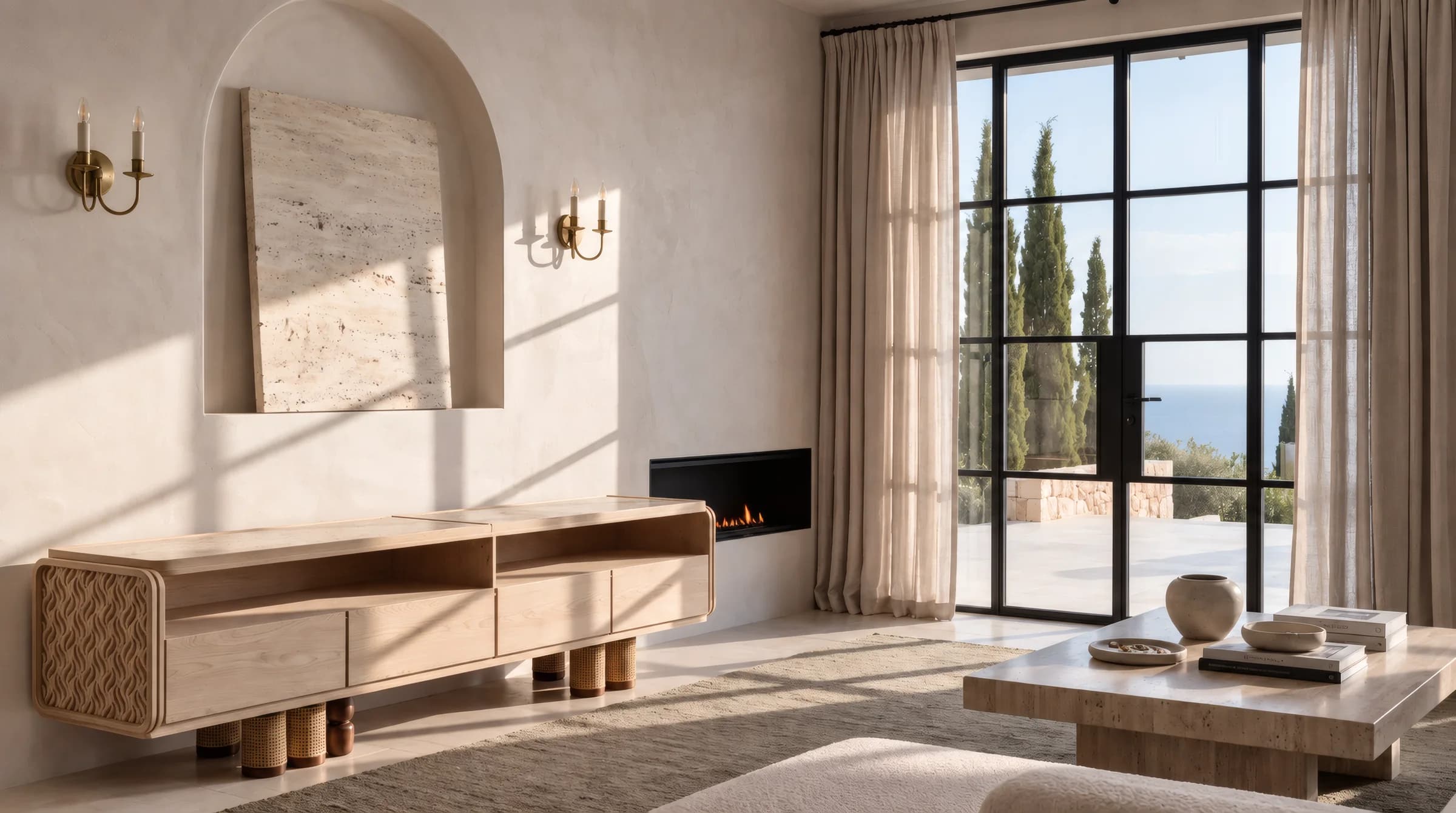 Vesta sideboard in a living room with a fireplace and sea views