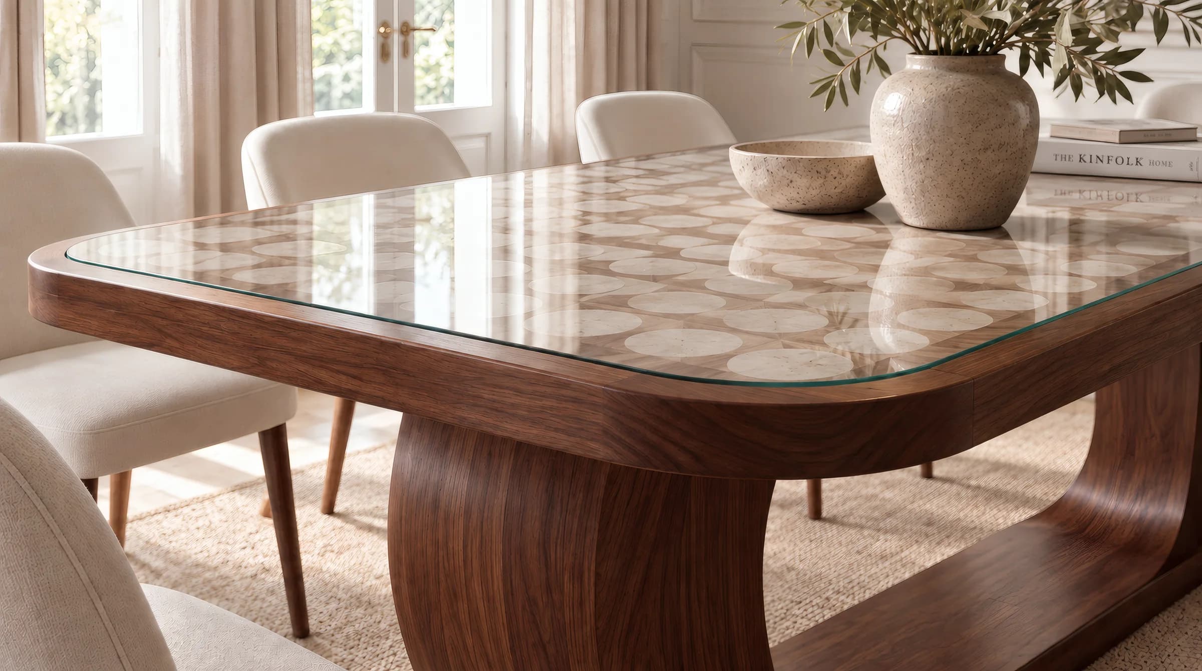 Detail of the Vesta table: the wooden edge and the patterned top under glass