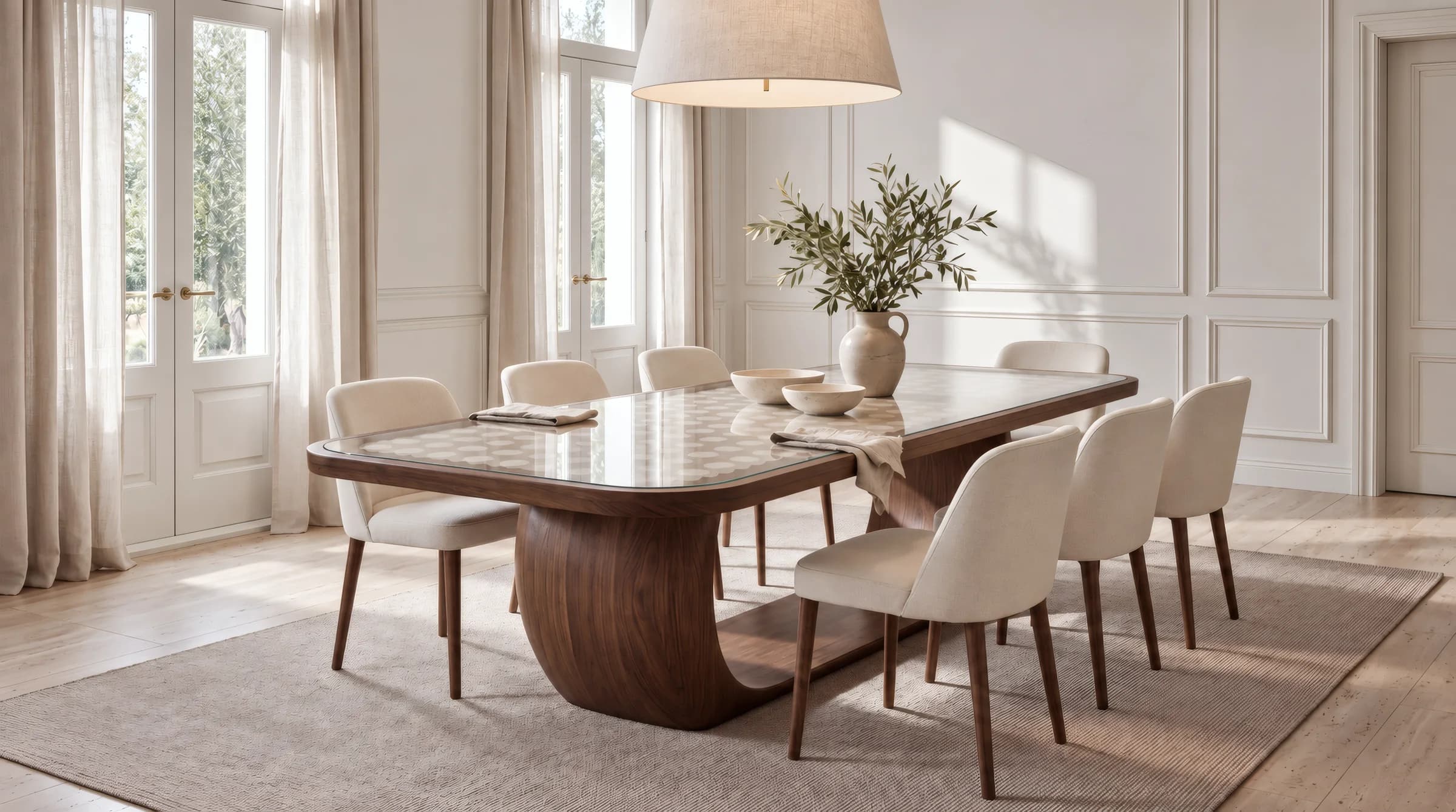 Vesta table in a dining room: a patterned top under glass on a curved wooden base
